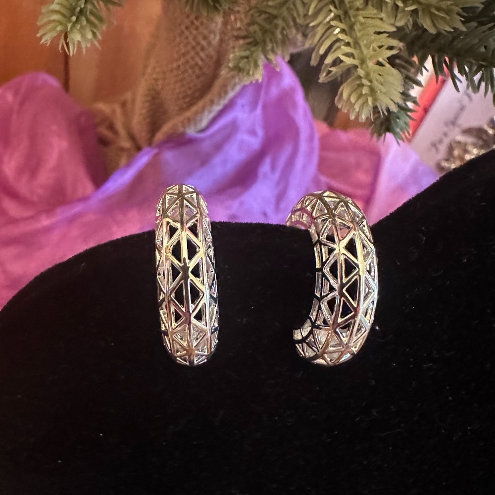 Vintage Silver-tone Half Hoop Filigree Earrings
